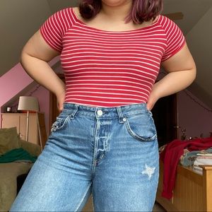 striped off the shoulder bodysuit